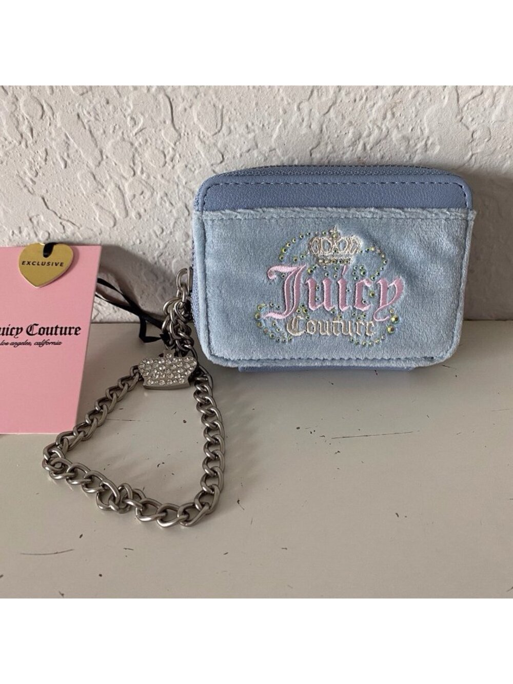 Juicy Couture Dream Juicy Square ZA CC Wallet W/Chain Strap In Dusty Blue NEW